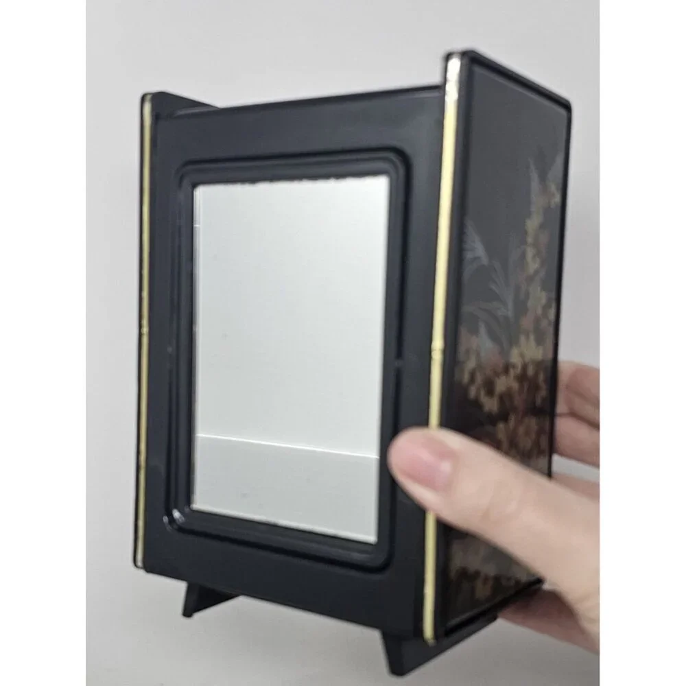 Vintage Hong Kong Black Vanity Jewelry Trinket Box Flip Rotating Mirror Floral